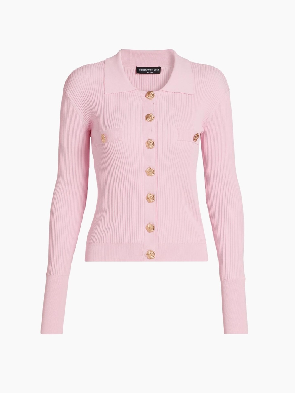 Generation Love Light Pink Ribbed Polo-Style Cardigan with Gold-Tone Buttons